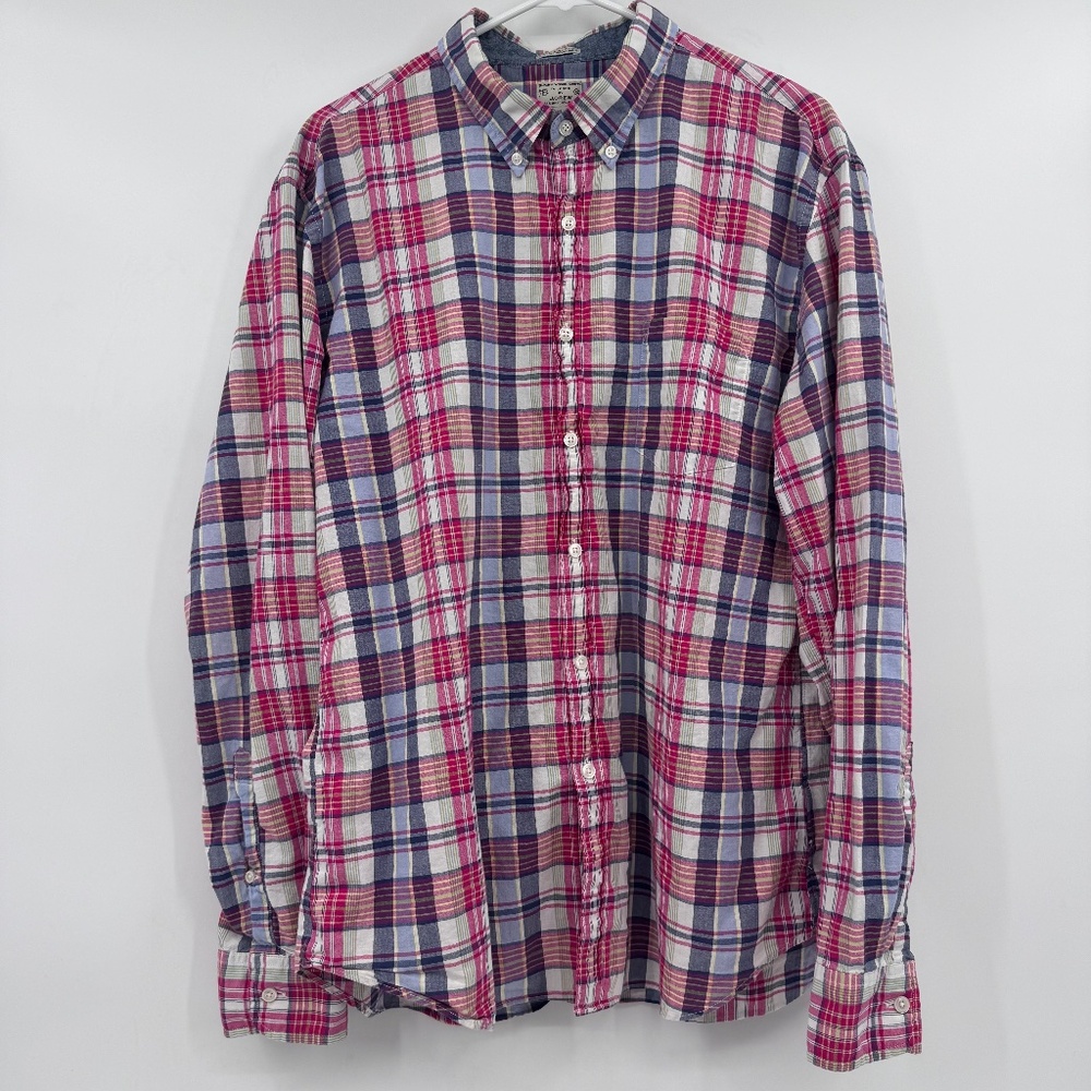 J Crew Shirt Men XL Pink Plaid Long Sleeve Button Down Woven Cotton Lightweight
